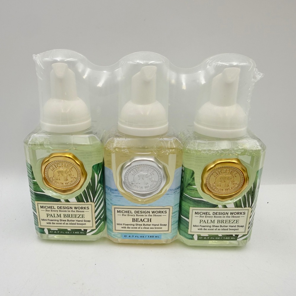 Michel Design Works Mini Foaming Hand Soap Set Palm Breeze Beach 3 Pack NEW